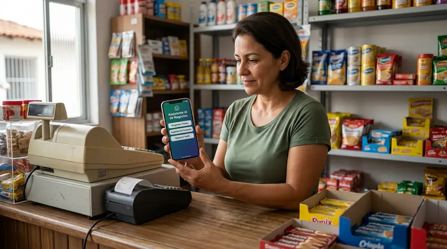 Uma cena de pequeno empreendedor usando o celular atrás do balcão, com a tela mostrando algo prático como sugestão de texto de divulgação, resposta automática de atendimento ou organização de perfil comercial, para ilustrar o uso cotidiano da IA no negócio.
