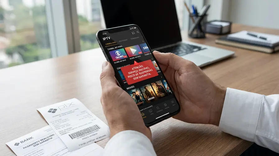Um celular exibindo uma interface de IPTV informal com canais ao vivo e filmes, ao lado de um alerta visual de suspensão/instabilidade e um recibo de pagamento por Pix, para ilustrar o risco de perda do serviço e a falta de garantia para o usuário.