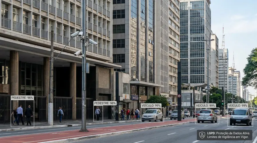 Uma imagem de uma rua urbana com câmeras de vigilância visíveis em postes e fachadas, sobreposta por uma interface discreta mostrando caixas de detecção em pessoas e veículos e um aviso visual de proteção de dados/privacidade, para ilustrar o equilíbrio entre segurança e vigilância na seção sobre riscos e benefícios.