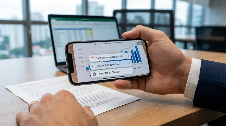 Uma captura de tela de iPhone mostrando o Visual Intelligence atuando sobre um print, com cartões ou opções visíveis para criar um evento no Calendário, buscar um item parecido e consultar o ChatGPT — para ilustrar que o recurso transforma o que está na tela em ação imediata.
