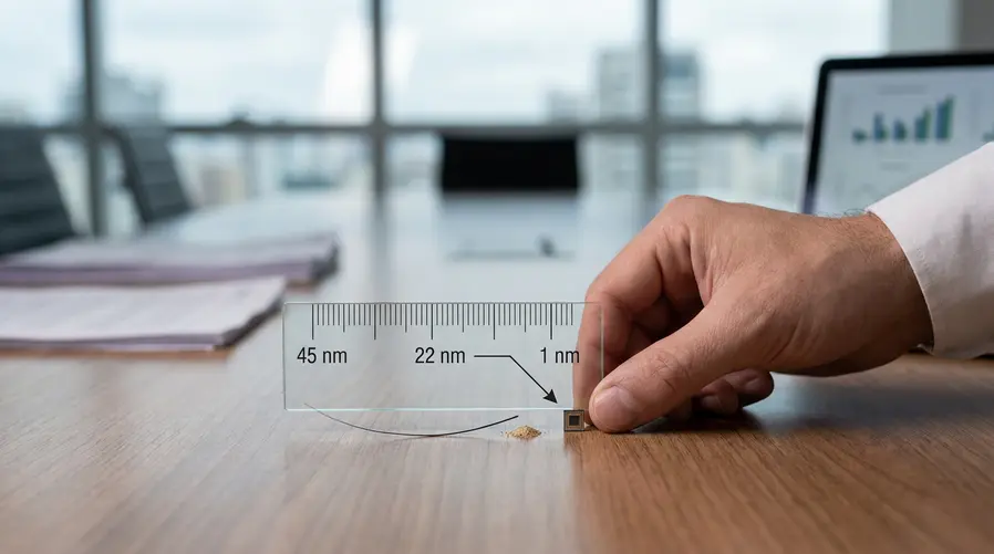 Uma comparação visual em escala: um fio de cabelo, um grão de areia e um transistor representado em nanômetros, com uma régua gráfica mostrando 45 nm, 22 nm e 1 nm para deixar claro o quanto os componentes ficaram pequenos.