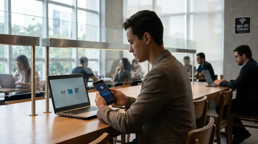 Uma pessoa em uma cafeteria usando o celular para entrar no app do banco enquanto, ao fundo, aparece um notebook com uma tela discreta exibindo ícones de e-mail, cartão e redes sociais sendo 'observados'. A imagem deve reforçar o risco concreto de usar apps sensíveis em Wi‑Fi público, sem mostrar marcas nem interfaces específicas.