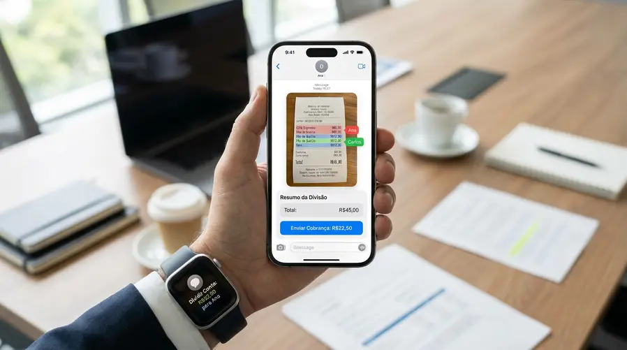 Uma tela de iPhone mostrando o Wallet/Messages com a ação de dividir uma conta a partir de um recibo fotografado, destacando itens marcados para diferentes pessoas e uma cobrança já pronta para envio, com o Apple Watch aparecendo como extensão da mesma função.