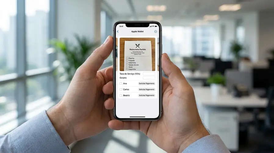 Uma tela de iPhone com um recibo fotografado dentro do Apple Wallet, mostrando itens do jantar selecionáveis para dividir entre amigos, com campos de taxa e gorjeta aparecendo na mesma interface e um botão de solicitar pagamento para cada pessoa.