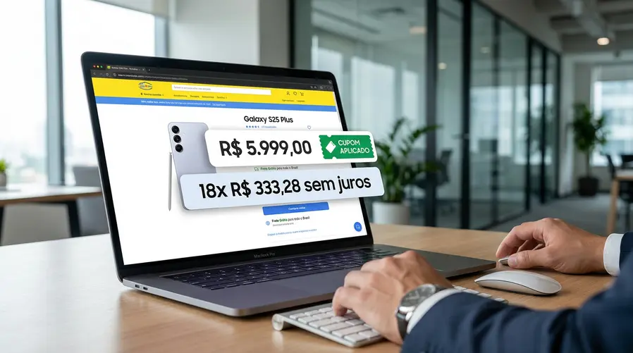 Uma captura da área de compra do anúncio mostrando o Galaxy S25 Plus, o preço em destaque, a opção de 18x sem juros, o cupom aplicado e o frete grátis, para reforçar visualmente a condição de pagamento incomum.