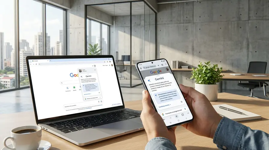 Uma captura de tela de um celular iPhone com o Chrome aberto exibindo a função do Gemini aparecendo dentro do navegador, acompanhada de um notebook ao lado com a mesma ideia de recurso disponível no desktop, reforçando que a liberação começou por esses dois ambientes e ainda não chegou para todo mundo ao mesmo tempo.