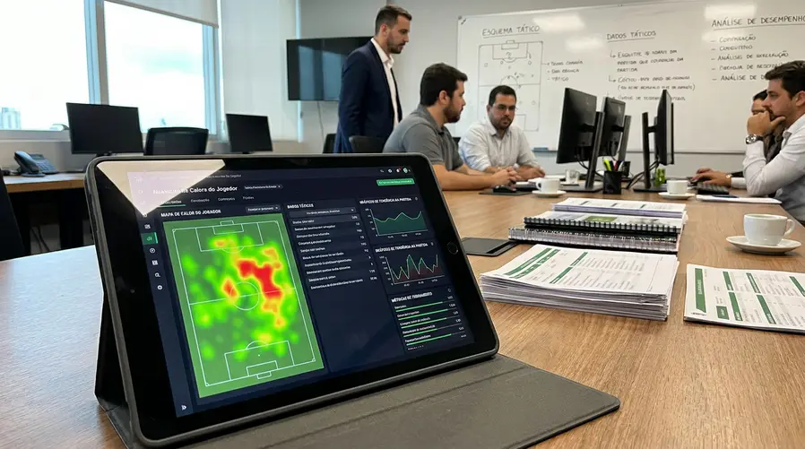 Uma imagem que mostre uma interface de análise esportiva em um notebook ou tablet, com gráficos de desempenho, mapa de calor de jogadores e painéis de dados táticos, acompanhada de elementos que sugiram bastidores de clube — sem logotipos específicos e sem parecer anúncio de uma parceria confirmada.