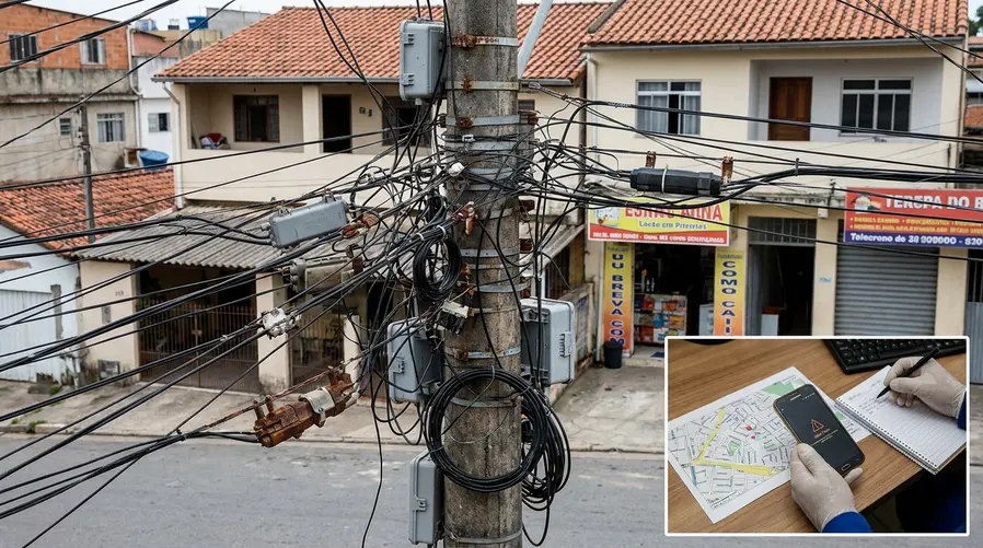 Uma foto de postes de energia com cabos de telecom instalados de forma visivelmente congestionada, acompanhada de um pequeno destaque visual mostrando um mapa de bairro ou cidade pequena com sinal de internet instável, para reforçar que a fiscalização de contratos de postes pode afetar a conexão local.
