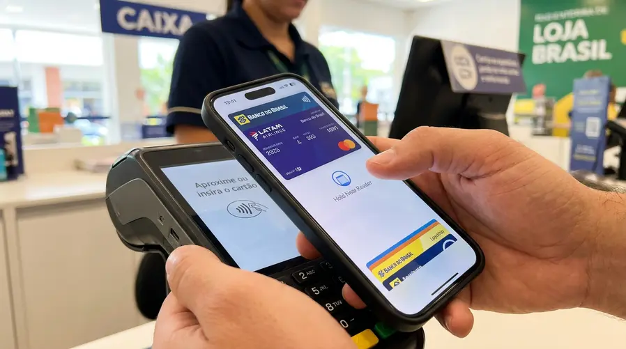 Mostrar a tela de um iPhone com o app Carteira/Wallet aberto, exibindo cartões, passes e pagamento por aproximação em destaque, como se o usuário estivesse prestes a usar o celular no caixa de uma loja.