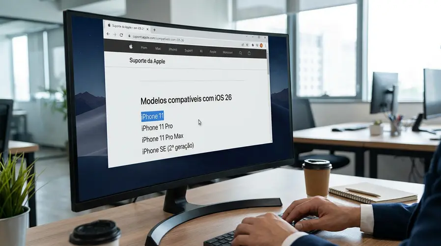 Uma captura de tela da página da Apple mostrando a lista de modelos compatíveis com o iOS 26, com o iPhone 11 destacado visualmente ao lado de outros modelos como 11 Pro, 11 Pro Max e SE 2ª geração.