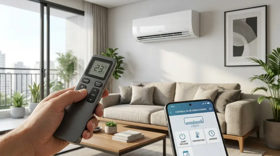 Um ar-condicionado moderno instalado em uma sala brasileira, com destaque para um controle remoto mostrando funções como timer, modo eco e ajuste de temperatura, além de um celular com app de casa inteligente aberto na tela.