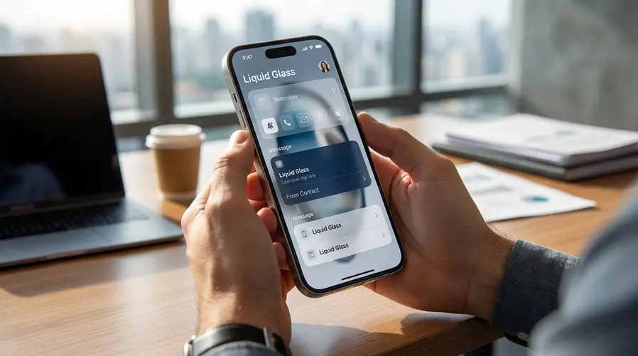 Um iPhone exibindo a tela com o Liquid Glass em destaque, mostrando elementos de interface semitransparentes, botões e menus com contraste ajustado e exemplos visuais de melhor legibilidade, como texto sobre fundos claros e escuros na mesma tela.