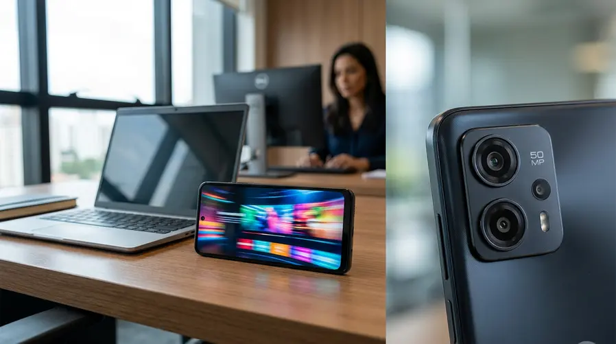 Uma imagem do Moto G67 com a tela ligada exibindo conteúdo vibrante para evidenciar o painel AMOLED de 120 Hz, de preferência ao lado de um close na câmera traseira para conectar visualmente a seção aos destaques de tela e fotografia.