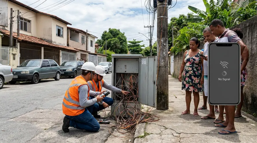 Uma rua residencial no Rio com poste e caixa de telecomunicações em manutenção, técnicos trabalhando em cabos danificados e moradores olhando o sinal de internet no celular, para ilustrar a interrupção causada por furtos de cabos e sua relação com o dia a dia.