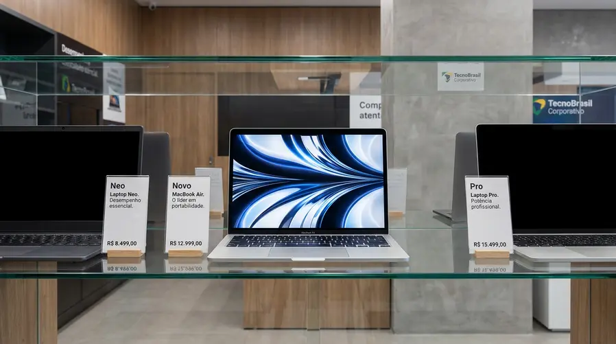 Uma imagem comparando três notebooks lado a lado em uma vitrine ou mockup de loja, com o MacBook Air em destaque ao centro e o Neo e o Pro nas laterais, para reforçar visualmente a ideia de que a liderança total ainda depende de como entram os modelos antigos na conta.