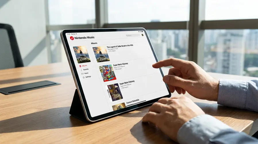 Mostrar um iPad com o Nintendo Music aberto em layout próprio para tablet, exibindo uma biblioteca de trilhas da Nintendo em lista organizada, com capa de álbum visível e elementos de interface mais espaçados, para reforçar que a experiência agora é pensada para tela grande.