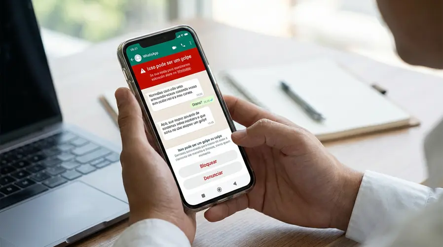 Uma captura de tela simulada de uma conversa no WhatsApp com o aviso ‘Isso pode ser um golpe’ aparecendo no topo do chat, junto de botões visíveis para bloquear e denunciar o contato; a imagem deve mostrar claramente a interface de decisão do usuário, não apenas o ícone do aplicativo.