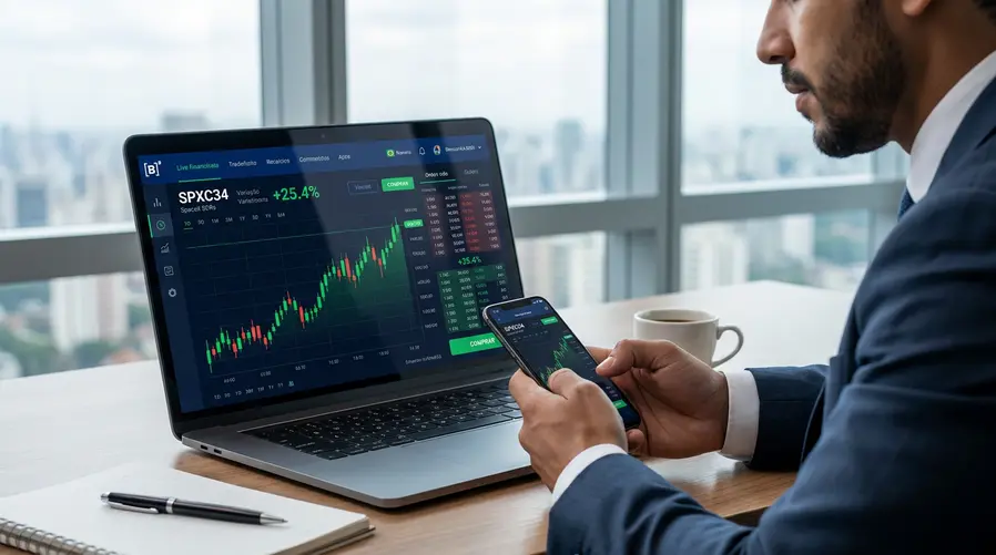 Tela de home broker ou gráfico de mercado mostrando os BDRs da SpaceX na B3 em alta, com destaque visual para a variação próxima de 25% e elementos que remetam ao investidor brasileiro acompanhando a cotação no celular.
