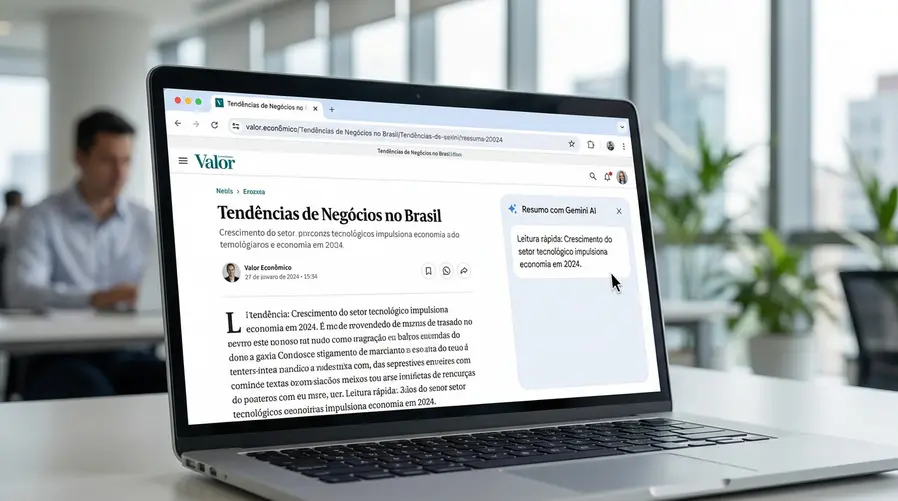 Uma captura de tela do Chrome em uso no celular ou desktop mostrando o Gemini resumindo uma página aberta, com a aba principal visível e um bloco de resposta curto ao lado ou abaixo, para reforçar a ideia de leitura acelerada sem sair do navegador.