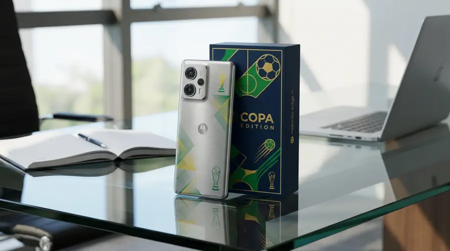Foto do Motorola Edge 70 Fusion na edição da Copa, mostrando claramente o acabamento especial e os detalhes visuais que distinguem essa versão da convencional, como cores, grafismos ou embalagem comemorativa, em um enquadramento que destaque o apelo de edição limitada.