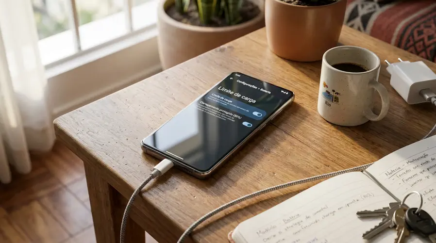 Tela de configurações de um smartphone mostrando a opção de limite de carregamento em 80%, com o celular conectado ao carregador em uma mesa de casa, reforçando a ideia de recurso nativo acessível ao usuário comum.