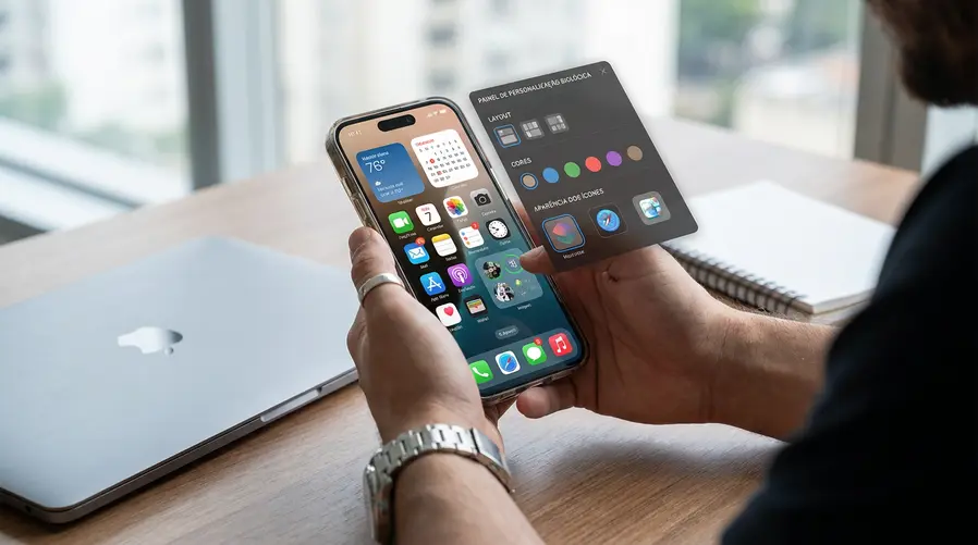 Uma captura ilustrativa de uma tela inicial de iPhone com widgets reposicionados, ícones em estilos diferentes e opções visuais de personalização abertas na tela, mostrando claramente como a interface poderia ser ajustada pelo usuário no dia a dia.