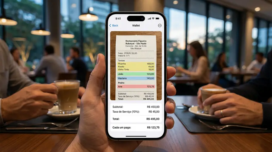 Uma tela de iPhone no app Wallet mostrando a foto de um recibo de restaurante com itens destacados e separados por nome de pessoa, além do cálculo automático exibindo subtotal, imposto, gorjeta e quanto cada amigo deve pagar.
