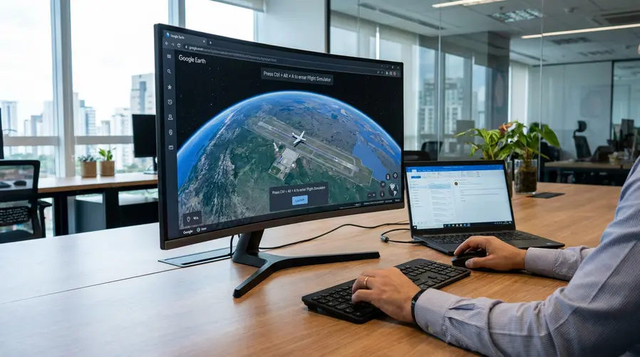Uma captura da interface do Google Earth no navegador mostrando o momento em que o usuário inicia o simulador de voo, com o mapa em vista aérea, o avião/indicador de voo sobre o globo e algum destaque visual de controles no teclado ou na tela de seleção do recurso.