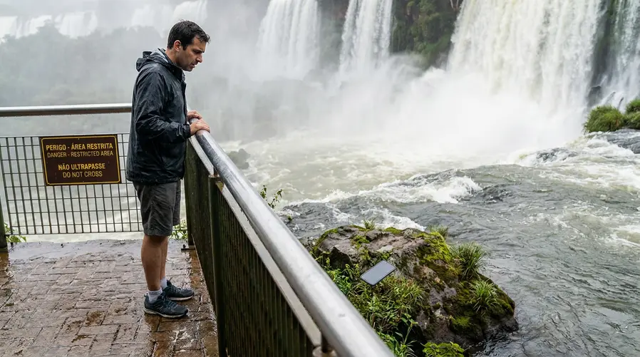 Uma imagem mostrando a área de segurança das Cataratas do Iguaçu com a passarela, a barreira de proteção e um visitante ao lado dela, enfatizando o ponto exato em que alguém não deve ultrapassar a estrutura para tentar recuperar um celular que caiu na água.
