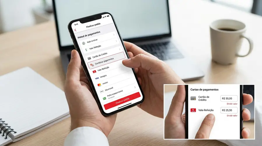 A tela do app mostrando a etapa de finalização do pedido com a opção ‘Combinar pagamentos’ destacada na lista de meios de pagamento e, ao lado, o momento em que o usuário escolhe duas formas diferentes e ajusta os valores de cada uma, com foco nos campos de divisão de quantia.