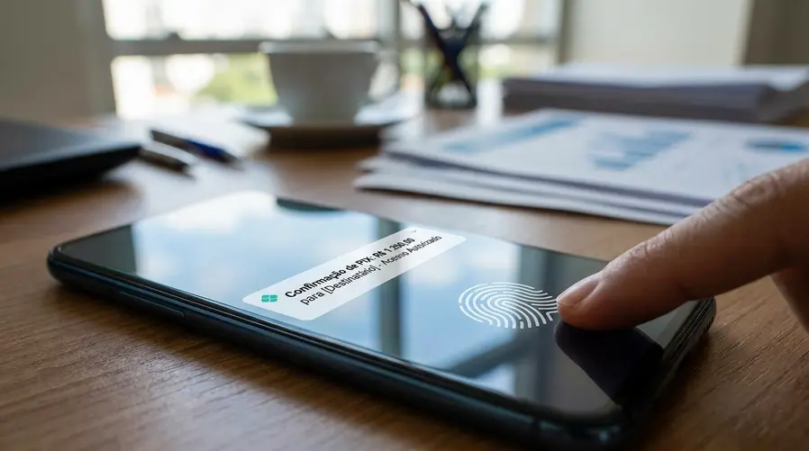 Uma imagem mostrando um celular com a tela de desbloqueio por impressão digital ao lado de uma notificação de Pix no app do banco, com foco visual no gesto de biometria e na rapidez da transferência, sem expor marcas de aplicativo.
