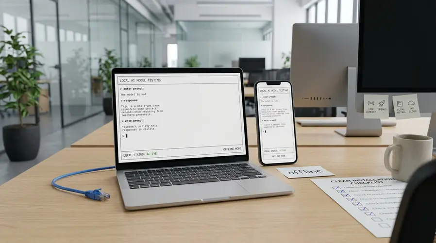 Uma imagem mostrando um notebook comum e um celular lado a lado, ambos com uma interface de teste de IA local aberta, destacando visualmente a ideia de rodar o modelo sem depender da nuvem; ao fundo, elementos discretos como ícones de baixa latência, offline e instalação simples, sem foco em marca específica.