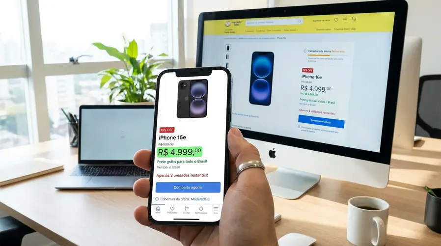 Uma captura de tela ou mockup da página da oferta no Mercado Livre mostrando o preço promocional do iPhone 16e, o selo de desconto, a indicação de frete/entrega e sinais de disponibilidade limitada, para ilustrar que a cobertura da oferta no Brasil ainda é moderada.