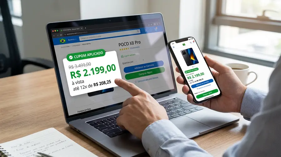 Uma captura da tela de um anúncio em marketplace mostrando o POCO X8 Pro com destaque para o selo de cupom, o preço final já descontado, a opção de parcelamento em até 12x e a diferença visual entre a oferta e o valor original.