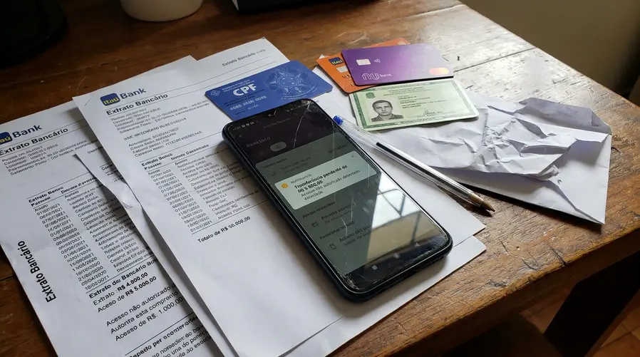 Um celular sobre uma mesa ao lado de documentos e cartões bancários, com a tela parcialmente visível mostrando um app de banco ou notificação de transferência, representando o risco de acesso indevido às contas de uma pessoa falecida.