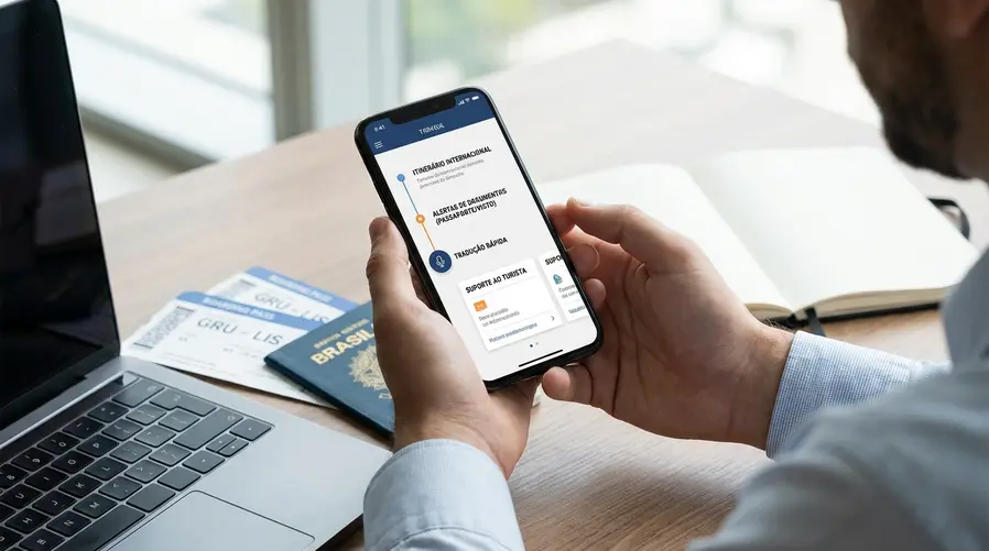 Uma tela de smartphone mostrando um app de viagem aberto em português, com elementos práticos da experiência do usuário: um roteiro internacional, alertas de documentos, tradução rápida e informações de apoio ao turista, para ilustrar como a solução ajuda na organização de uma viagem real.