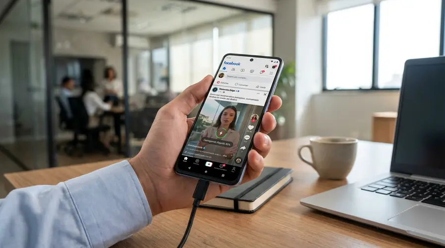 Uma arte mostrando o Motorola Edge 60 Fusion em uso cotidiano, com a tela ligada exibindo rolagem fluida em apps de redes sociais e vídeo, ao lado de elementos visuais que reforcem bateria e carregamento rápido, como ícones de carga chegando alto e um cabo conectado ao aparelho.