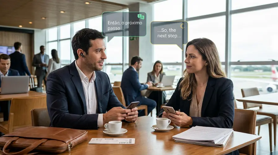 Uma cena de duas pessoas em uma mesa de café ou balcão de aeroporto, cada uma falando um idioma diferente, usando pequenos tradutores de bolso ou fones compartilhados, com balões de fala e indicação visual de pausa curta entre as falas. A imagem deve reforçar a ideia de conversa quase em tempo real em ambiente controlado, não de tradução instantânea perfeita.