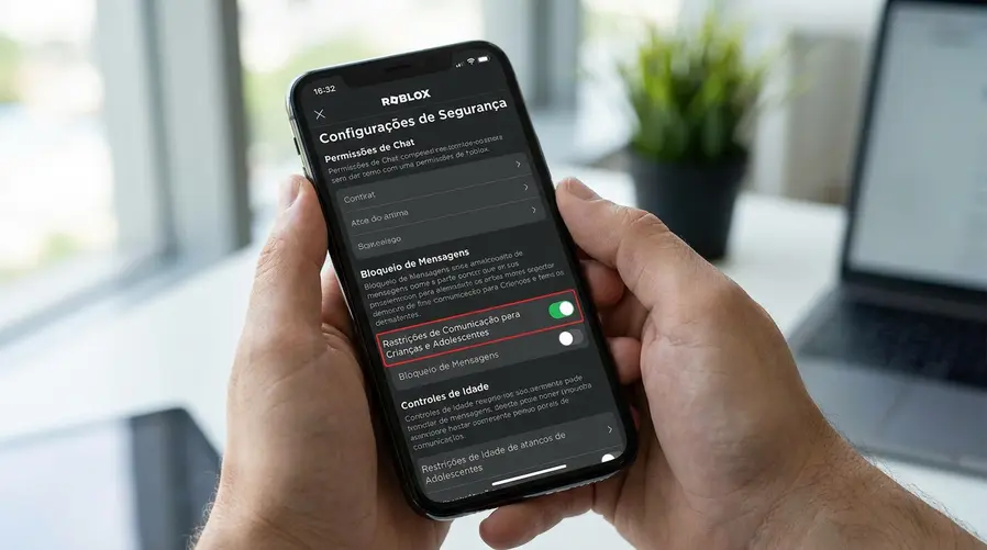 Uma imagem de tela mostrando, em um celular, a interface de configurações de segurança do Roblox com opções de chat, bloqueio de mensagens e permissões por idade claramente destacadas, para ilustrar as restrições de comunicação da conta.