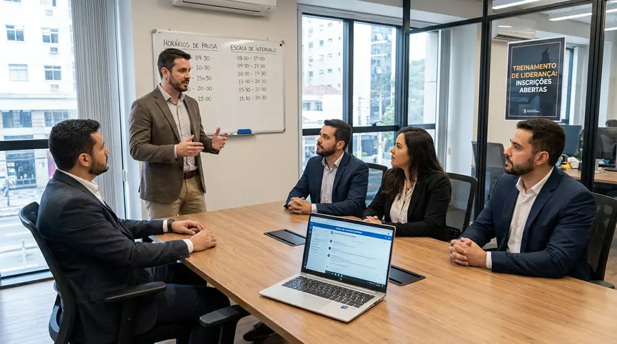 Uma cena de escritório com um gestor em reunião curta com equipe, um quadro com horários de pausa, um canal de atendimento interno aberto no notebook e um aviso visual sobre treinamento de liderança; a imagem deve reforçar que a mudança aparece na rotina real do trabalho, não em algo abstrato.