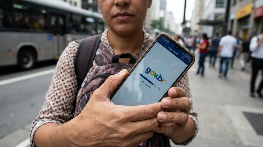 Uma pessoa usando o celular para acessar o app gov.br em um transporte ou na rua, com sinal de internet estável visível na barra do aparelho e uma tela de serviço público digital carregando sem erro, reforçando a ideia de conectividade e acesso aos serviços online no cotidiano.