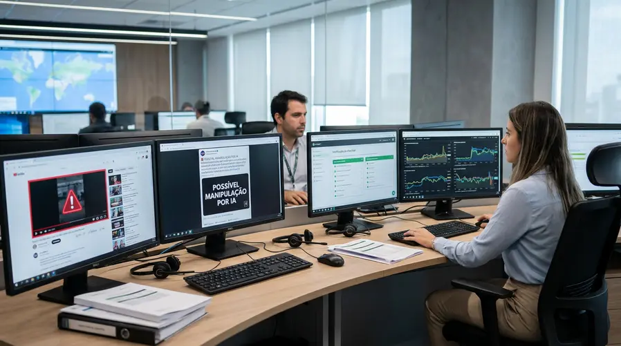 Uma cena de monitoramento digital em mesa de trabalho da Justiça Eleitoral, com telas mostrando alertas sobre vídeos suspeitos, posts com aviso de possível manipulação por IA e gráficos de verificação de conteúdo, ilustrando a ideia de um grupo interno acompanhando desinformação em tempo real.