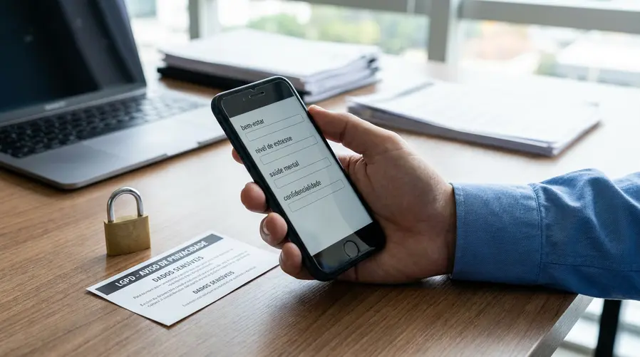 Uma imagem de tela de celular mostrando um formulário interno de empresa com campos sobre bem-estar, estresse e saúde mental, ao lado de um cadeado e um aviso de privacidade/LGPD. A cena deve sugerir claramente a coleta de dados sensíveis e o cuidado com sigilo, sem mostrar marca, logo ou interface identificável.