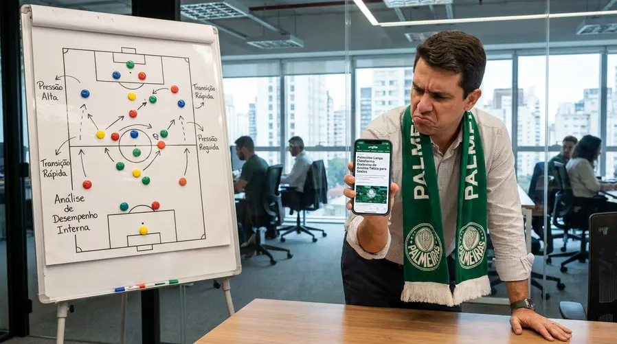 Uma imagem mostrando um torcedor do Palmeiras olhando para a tela do celular com a notícia aberta, ao lado de um quadro tático de futebol estilizado com jogadores em posições e setas de análise, para reforçar que a tecnologia é interna do clube e não um app disponível para download.
