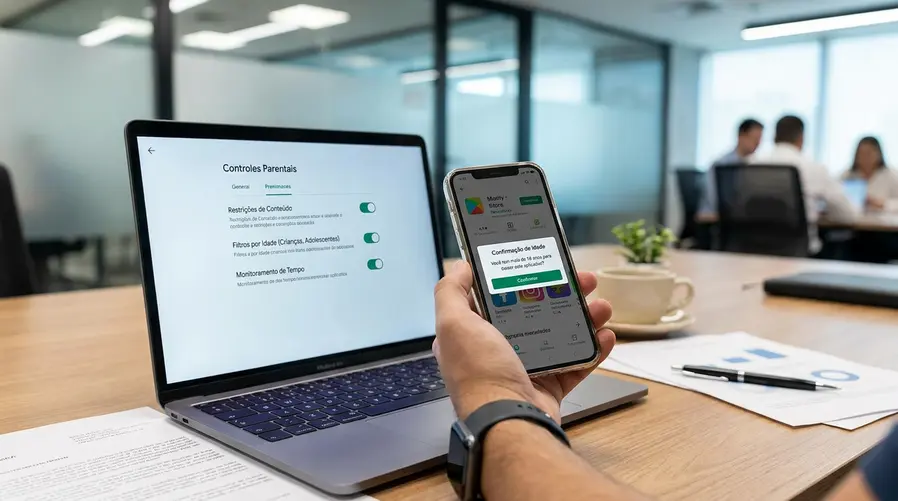 Uma tela de smartphone com a abertura de uma loja de apps pedindo confirmação de idade antes do download, ao lado de um menu de configuração com opções de controle por faixa etária e sinalização de conteúdo para crianças e adolescentes.
