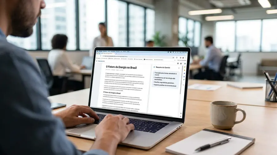 Uma captura de tela de um notebook ou iPhone com o Chrome aberto mostrando o Gemini resumindo uma página longa em poucos tópicos, com a página original ao fundo parcialmente visível para deixar claro que a IA está operando dentro da navegação, sem trocar de aplicativo.