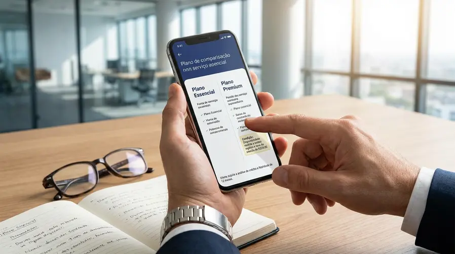 Uma imagem mostrando uma tela de smartphone com um comparativo visual simples entre duas opções do serviço/recurso, destacando a condição escondida na assinatura, no preço ou na disponibilidade; a cena deve parecer de uso real no Brasil, como alguém comparando planos ou lendo as letras miúdas no celular.