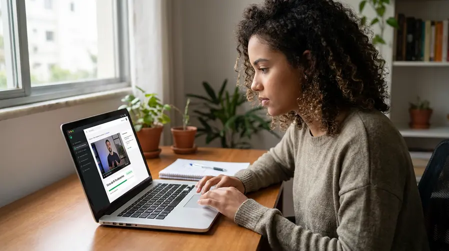 Um aluno usando um celular ou notebook simples em casa ou na sala de aula, com a tela mostrando uma plataforma de curso online de IA e elementos visuais discretos como vídeo-aula, módulo em andamento e ícones de internet, para reforçar a ideia de acesso fácil e estudo no próprio ritmo.