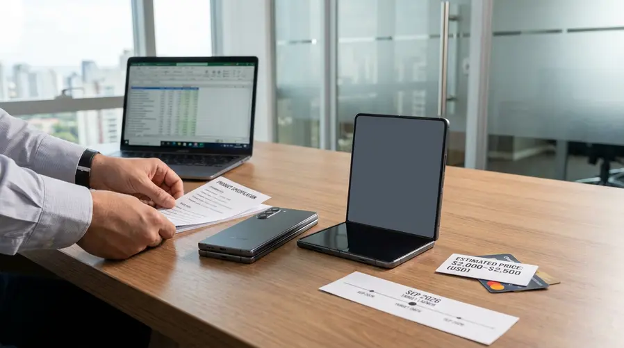 Uma composição com um iPhone premium atual ao lado de um mockup dobrável em formato fechado e aberto, com destaque visual para a faixa de preço estimada em dólar e uma linha do tempo simples indicando a janela de setembro de 2026; a imagem deve reforçar a ideia de produto caríssimo e ainda não confirmado.