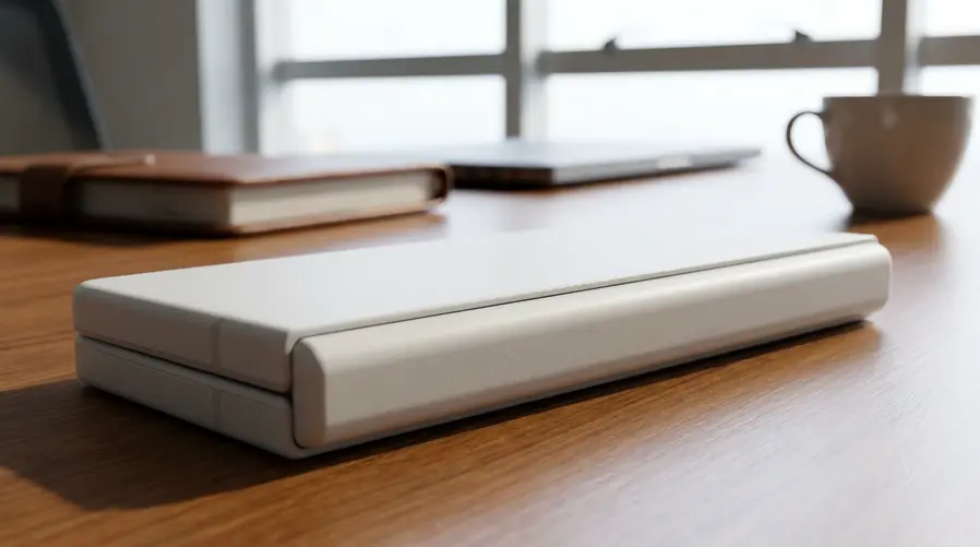 Mostrar o dummy model branco de perto, de preferência em um ângulo lateral que destaque a espessura, o acabamento liso e o formato dobrável sugerido, sem parecer um render promocional.